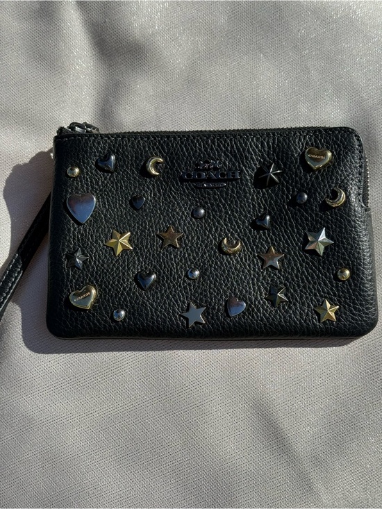 Coach Handbags - Coach Black Pebbled Leather Star & Heart Stud Wristlet with Metallic Accents